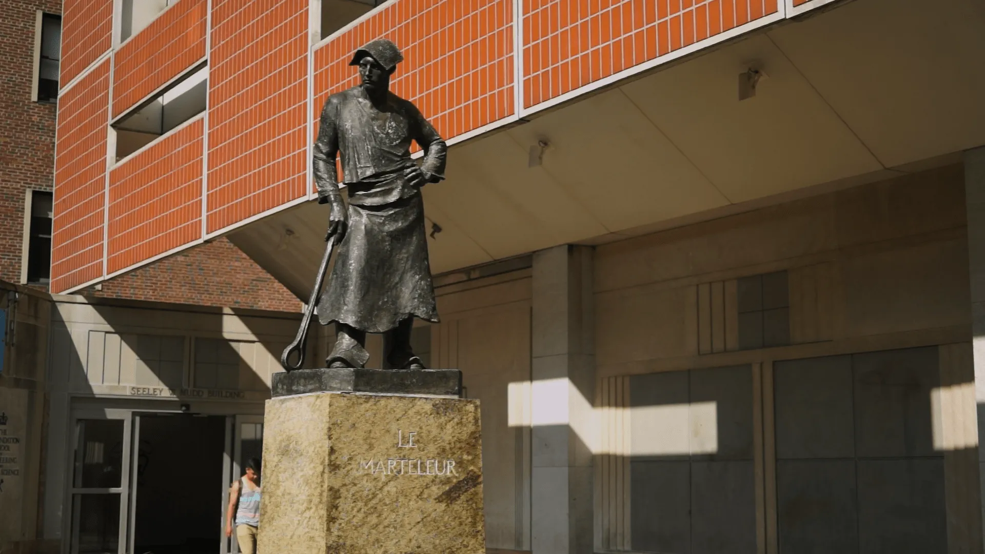 The Hammerman statue outside the Mudd Building