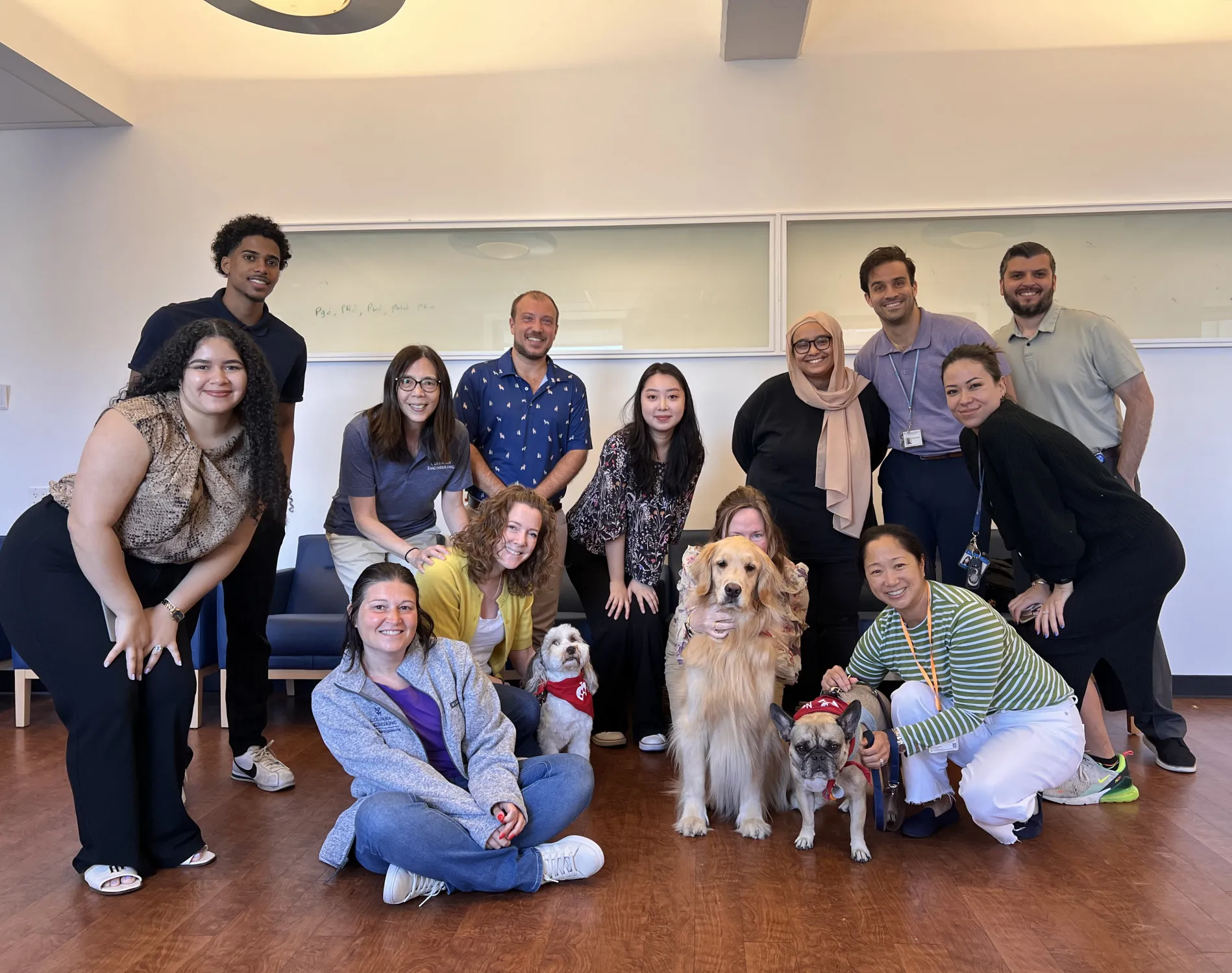 Group photo of staff smiling with three dogs